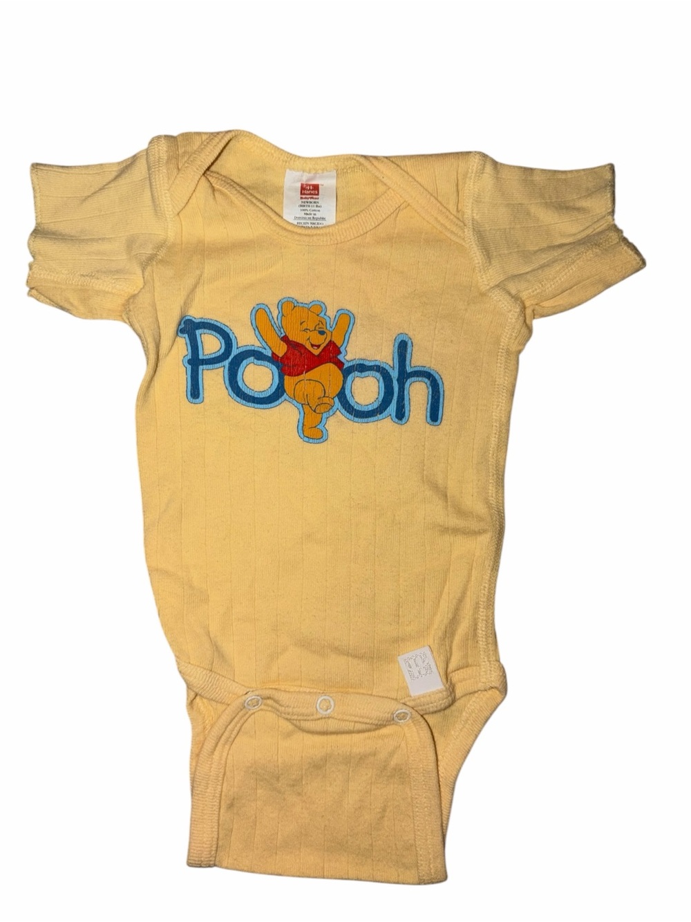 Vintage 90s Winnie the Pooh Hanes Butter Yellow Graphic Baby Bodysuit Newborn